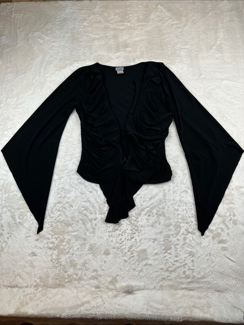 TRUE LIGHT Size L Black Ruffled V-Neck Draped Blouse | Formal | Unique